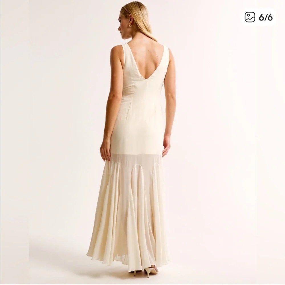 Abercrombie Plunge Godet Skirt Maxi Dress in Ivory Cream
